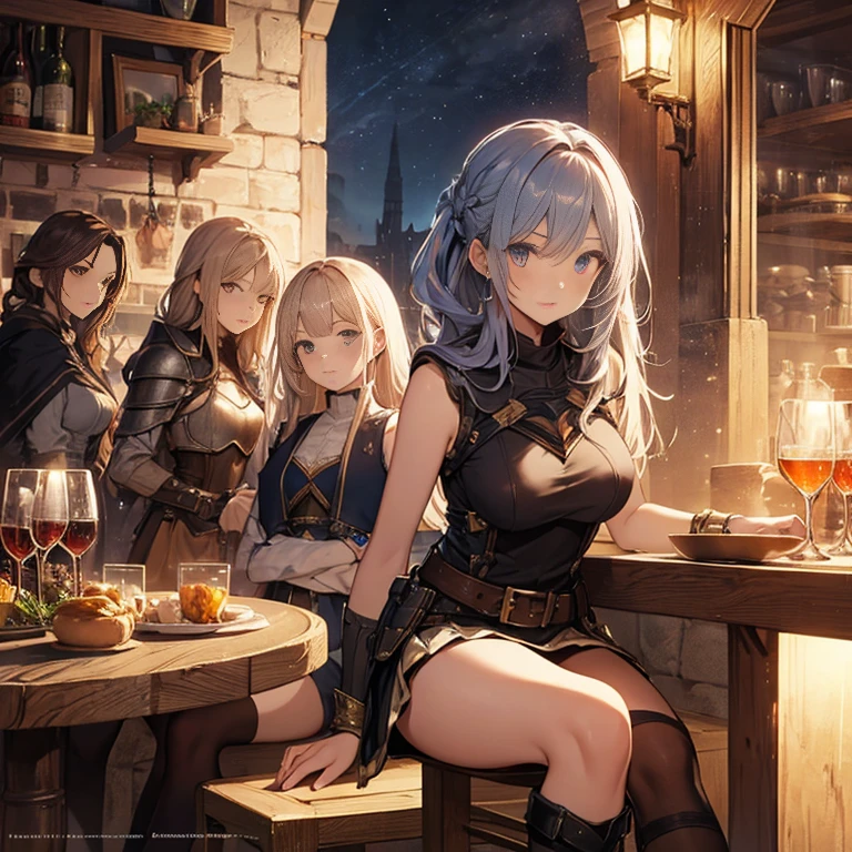 A group of female medieval fantasy adventurers, (in tavern), various hair styles, harem, night, details face, short skirt, seducing, sleeveless, armor