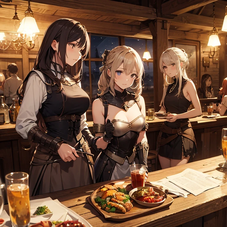 A group of  female medieval fantasy adventurers, (in tavern), various hair styles, harem, night, details face, short skirt, seducing, sleeveless, armor