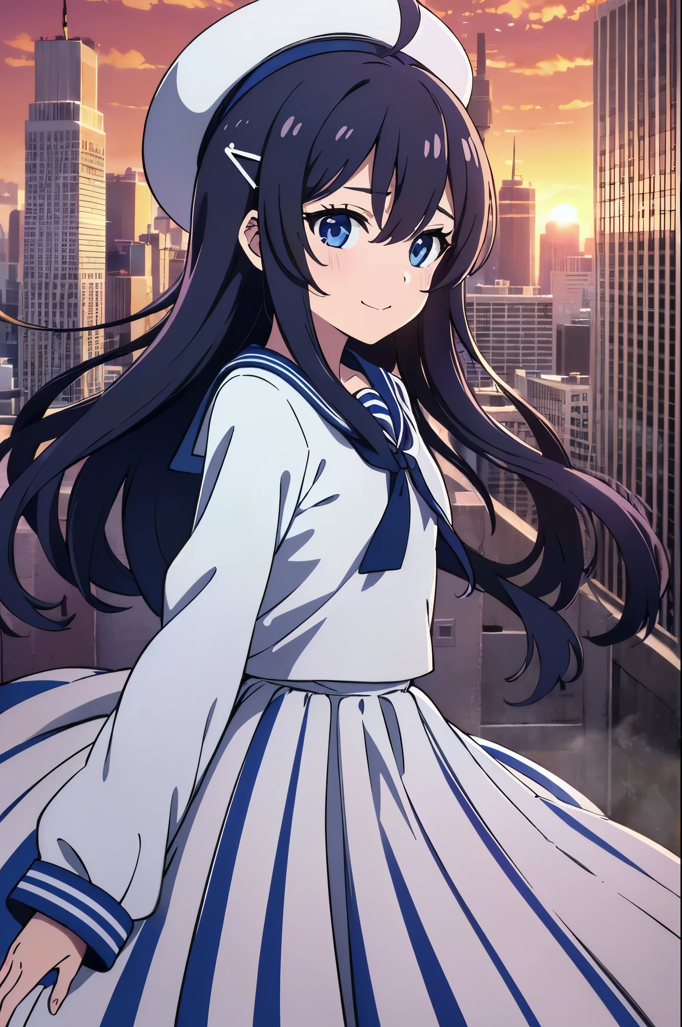(((masterpiece))) (((highest quality))), (((beautiful))), (((8k))), (((High resolution))), (((Superb illustrations))), (1 girl:1.3), (child:1.5), (upon:1.2), (Dark blue straight long hair:1.3), (very long, Dark blue sideburns), (Very wide parted dark blue bangs:1.3), (Simple hair clip:1.4), (Ahoge:1.4), (small blue eyes:1.2), (Slightly droopy eyes:1.3), (Super thick and super long sideburns:1.1), (Ultra-flat chest:1.4), (Very small breasts:1.4), (Laughter:1.3), (White sailor suit with long sleeves:1.3), (White pleated skirt:1.3), White hat with blue ribbon, (丘uponから見下ろす:1.4), (sunset:1.4), (distant cityscape:1.4), (Cowboy Shot:1.4), (Low angle shot:1.4)