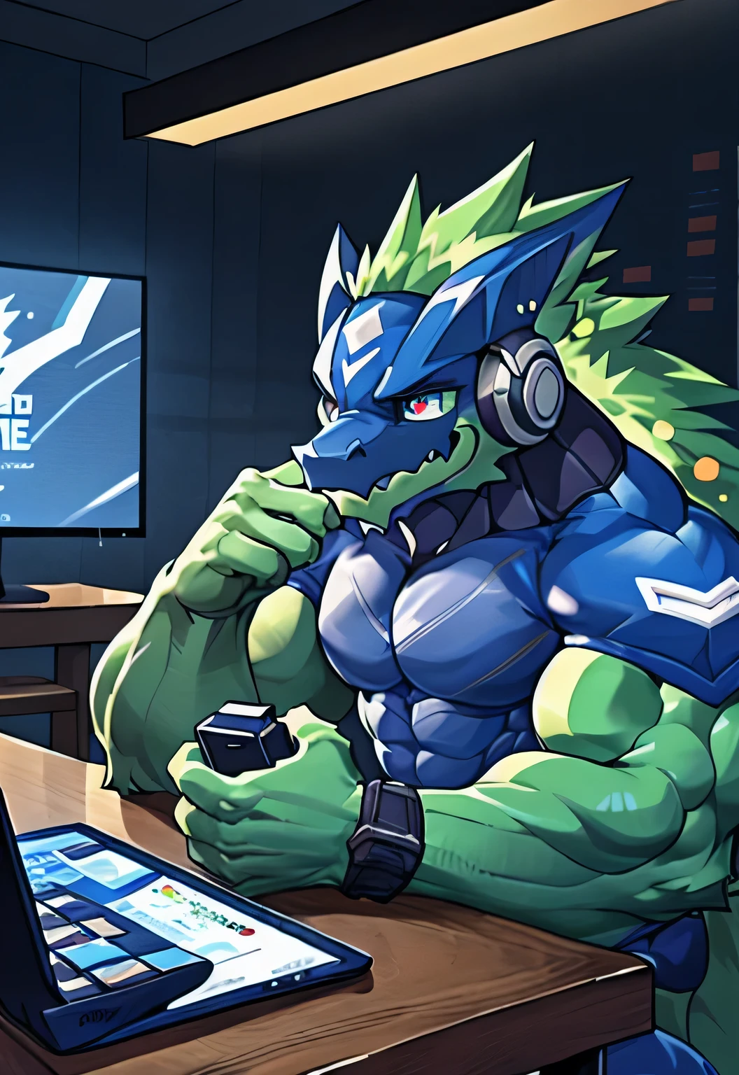 dragon,Anthropomorphic male dragon, Highlight the dragon angle,Highlight his muscular body and sharp claws, Showing the outline of the chest, abdomen, Stretch and Elegance, Delicate lace pattern glitters in the light. Keep your eyes on the screen，Play games with headphones，sit at the table，The background is the scene of the e-sports competition。dragon&#39;Tail, Long-lasting and powerful, 他sit at the table，Playing games with headphones on，Keep your eyes on the screen，Emphasizes his charming masculinity. dragon&#39;Keep your eyes on the screen，Play games with headphones，sit at the table，The background is the scene of the e-sports competition。