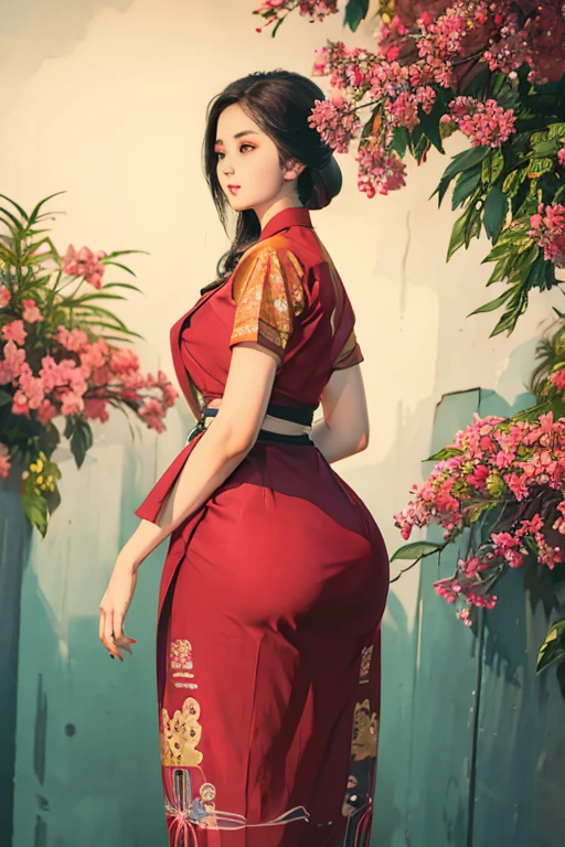 a beautiful girl in vintage colors aodai, masterpiece ,(Dye painting) ( all color dress ) wrapped in a large flower print( flower silk ..... with ) best quality, realistic:1.3, street, cyberpunk, holding bundle of adubon sunlight, backlighting, (well pper Adhere to clear natural light hdr))full budy, big ass (Remove extra limbs, remove accurately) intricate scene, artstation, intricate details, vignettefulbudy(cartoon)