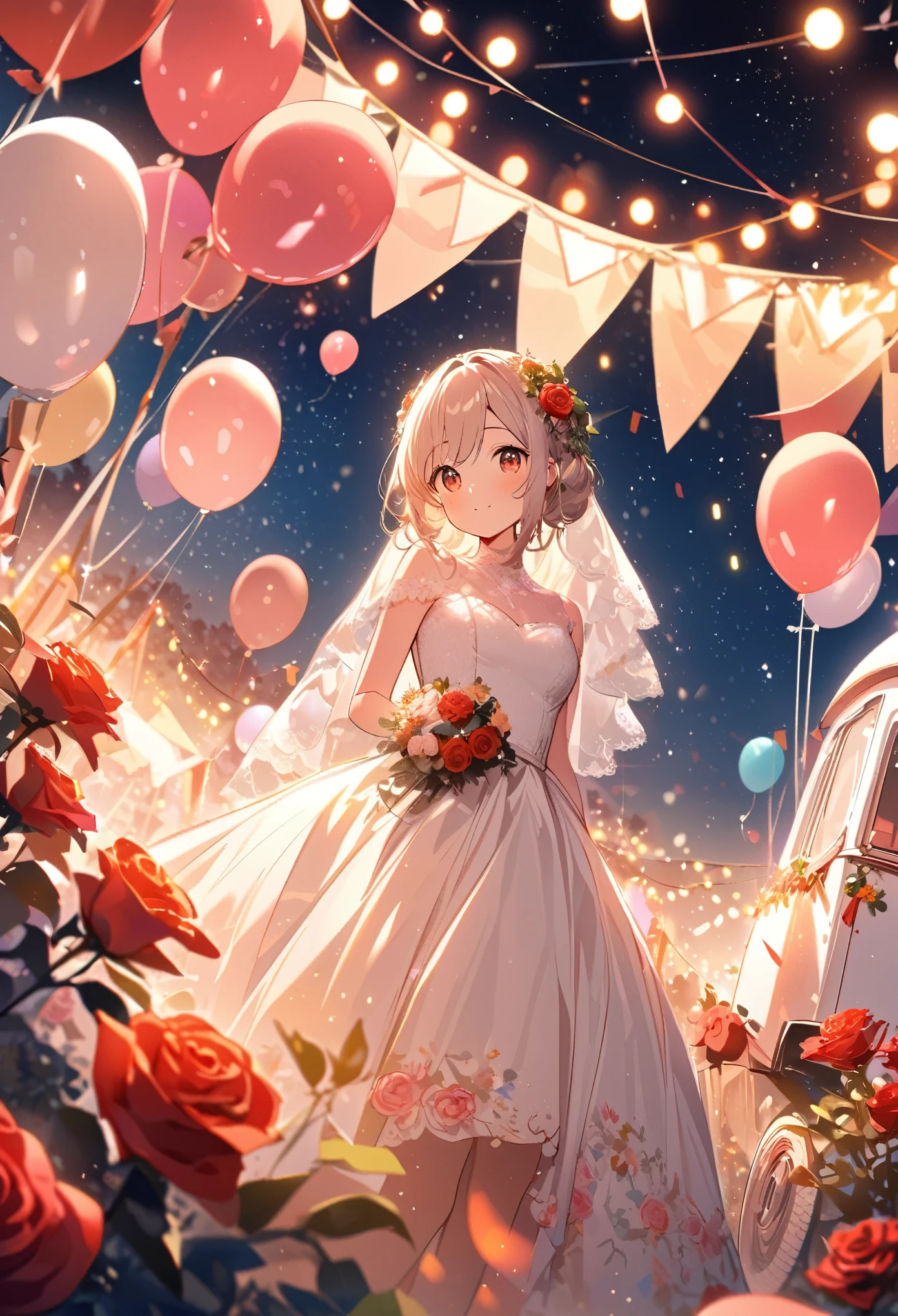 Two beautiful brides,Cute white caravan with white and red roses, diamonds, lots of fairy lights, bunting, balloons, pretty, beautiful, vivid colors, Intricate, Highly detailed, Warm lighting, Sharp focus, beautiful starry sky, perfect composition, extreme camera angle,