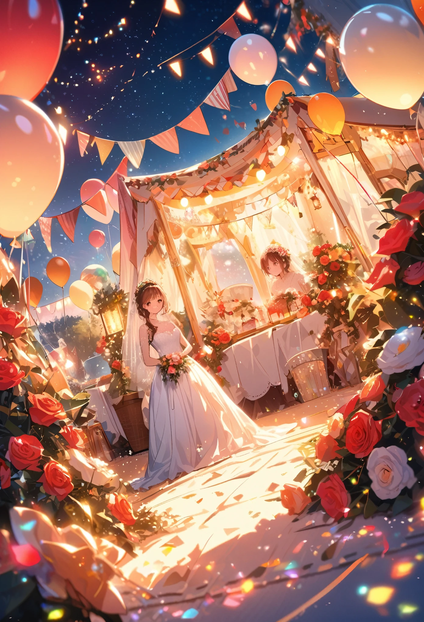 Two beautiful brides,Cute white caravan with white and red roses, diamonds, lots of fairy lights, bunting, balloons, pretty, beautiful, vivid colors, Intricate, Highly detailed, Warm lighting, Sharp focus, beautiful starry sky, perfect composition, extreme camera angle,