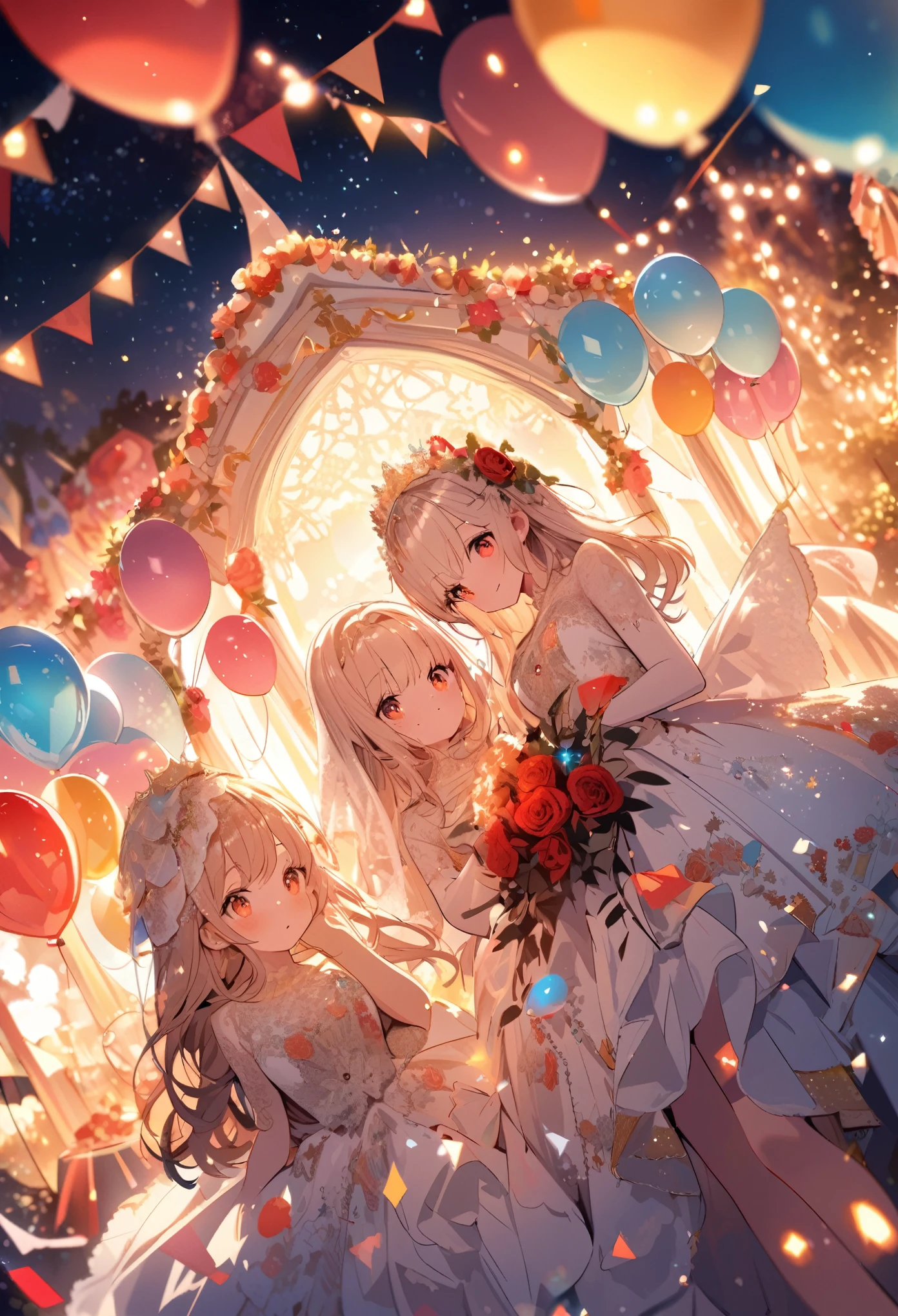 Two beautiful brides,Cute white caravan with white and red roses, diamonds, lots of fairy lights, bunting, balloons, pretty, beautiful, vivid colors, Intricate, Highly detailed, Warm lighting, Sharp focus, beautiful starry sky, perfect composition, extreme camera angle,