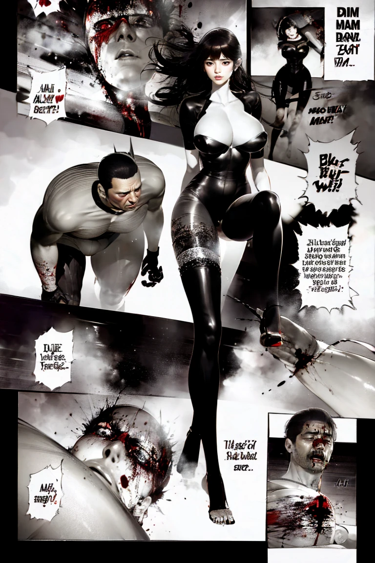 comic storyboard,anatomically correct,1girl, random color hair,smile,barefoot,lace top,y, shiny leggings, thin gap,camgh heels,cleavage,cros,large breasts,leg tattoo,lr,smile,toenails,) standing,trample,multiple men,cuts,defloration,indoor,couple,femdom,hetero,saliva , mucuom,blood on clothes,blood on blood splatter,open mouth,kneeling man,sit,trembling man,dead man,sit,bruise man,lying man,man cum,bleeding man,(masterpiece, best quay:1.2),(masterpiece, best quality:1.2),realistic,3d,Unreal Engine 5,skin texture,
