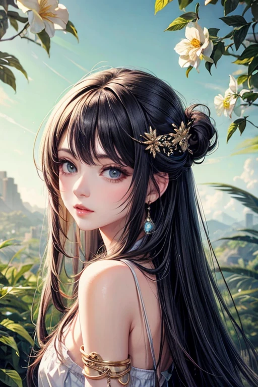 (highest quality,8k,CG),Upper body details,Lonely Girl,Floral forest background,Complex facial features,Elegant long curly hair,large almond-shaped eyes,,Detailed eye makeup,Long eyelashes,Twinkling Star,Exquisite lip detail,Soft and harmonious style.