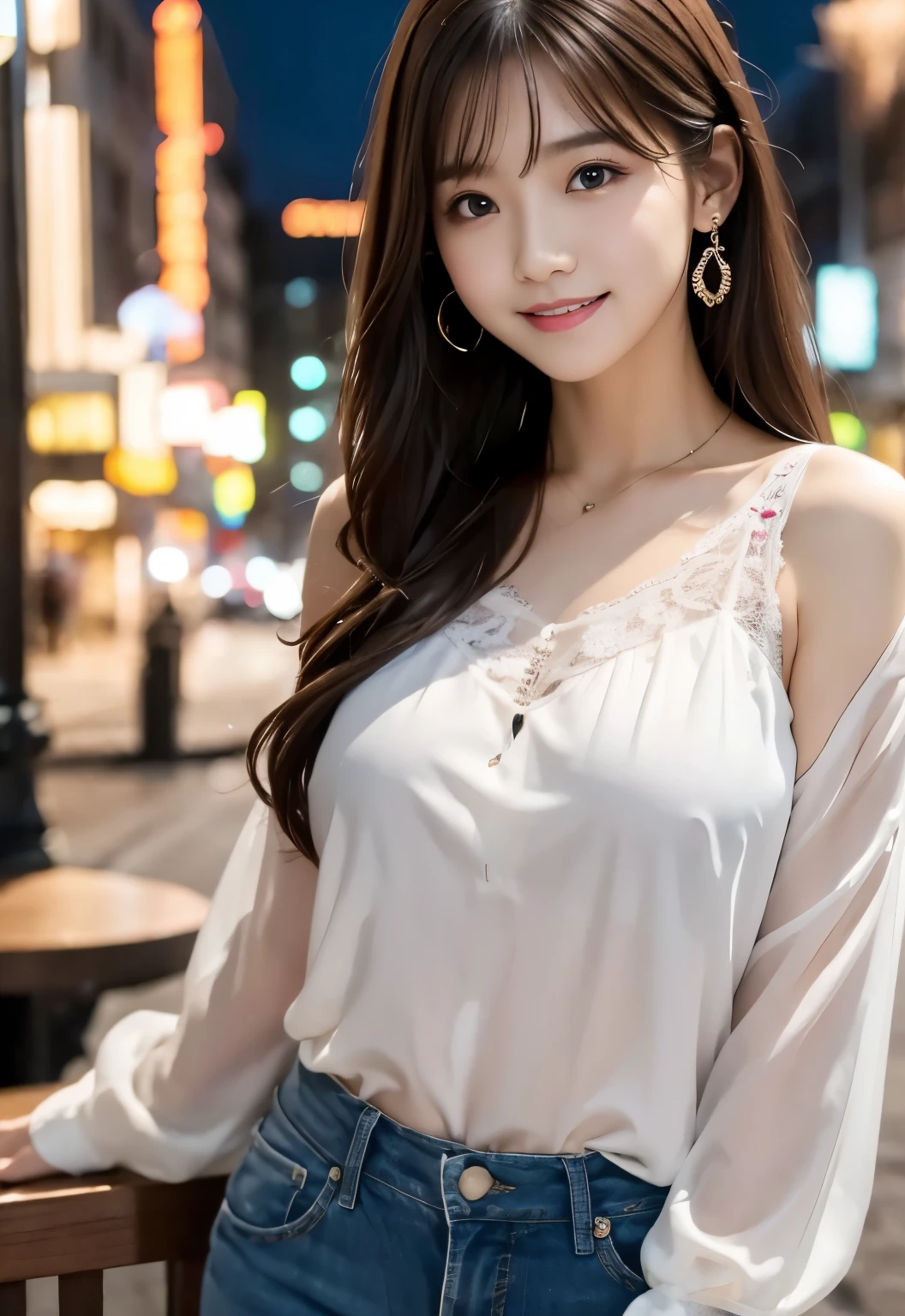 (masterpiece, best quality:1.1), (8k, raw photo, photo realistic:1.2, f22), (shiny skin), detailed skin,long hair,detailed face, detailed eyes, smile,BREAK, real world, intricate details, smil, BREAK, 1girl, (blouse,pink,pant), BREAK, (city,night:1.4), BREAK