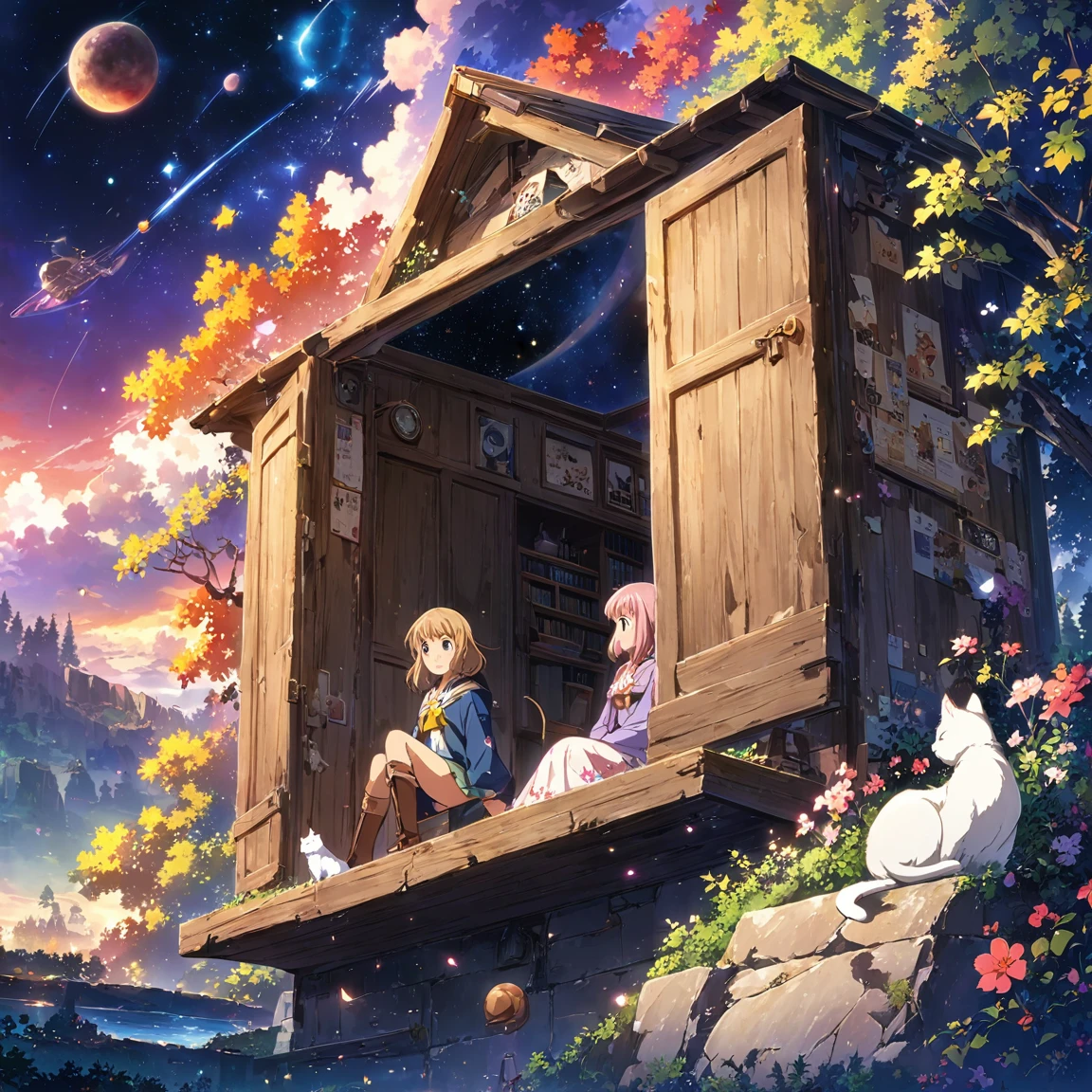 Anime drawings inspired by Makoto Shinkai, 「Sparrow&#39;s Door Lock」, rotting wooden door, Topics on pixiv, Space Art, Makoto Shinkai Cyril Roland, Anime Japanese man and woman in their late teens sitting and looking at the sky, Sota Munakata, Suzume Iwato, 二人の周りにWhite cat少女とBlack cat少女とThree-haired cat少女が空駆けまわる様にいる, 4k anime wallpaper,anime art wallpaper 8k, Anime Art Wallpaper 16k, anime art wallpaper 32k, Daijin, サDaijin, White cat, Black cat, Three-haired cat