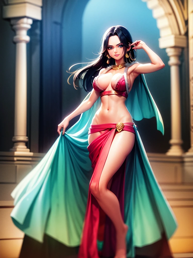 (8k, RAW photos, minino:1.1) ,female,(looki at viewer company),cowboy lens,Japanese,boa hancock / (op\),(fullbody saree:1.1),La Brett Piercing,cleavage,(((saree))),seductive smile,Be red on the face, full body photo, standing, lean, muscular legs, muscular belly, long hair, green hair, blue eye, breasts, medium breasts, earrings, cape(no bindi) Professional lighting、photon mapping、physics-based rendering、dark theme,wearing wifs, jewellery and necklace, alone, extreme high quality, legs covering saree, one big axe on one hand