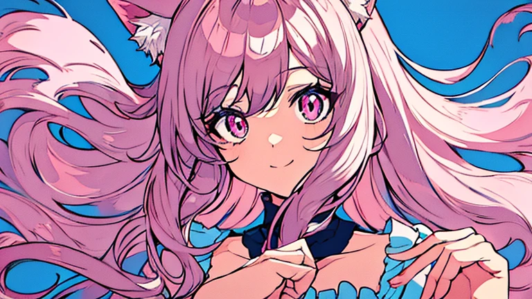 An anime girl with a pair of Cat ears, the inside of the ears a soft white fluff, her eyes wide and curious, she Excited and happy to see me, beautiful eyes, white hair, pink eyes, good art, good drawing, anime 2d, 2d, cute, 2 hands and 5 fingers on each hand, beautiful hands, good drawn hands, 4k, 8k,