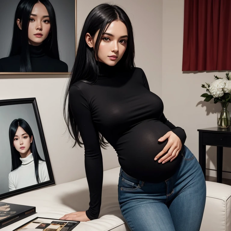 luxury realistic woman, close-up, full length, in a black turtleneck with black hair, with dark long straight hair, jeans and a T-shirt, paintings, boxes with toys, in an ultra-modern light chic living room, red curtains, she is happy, beautiful face because she is pregnant , realism