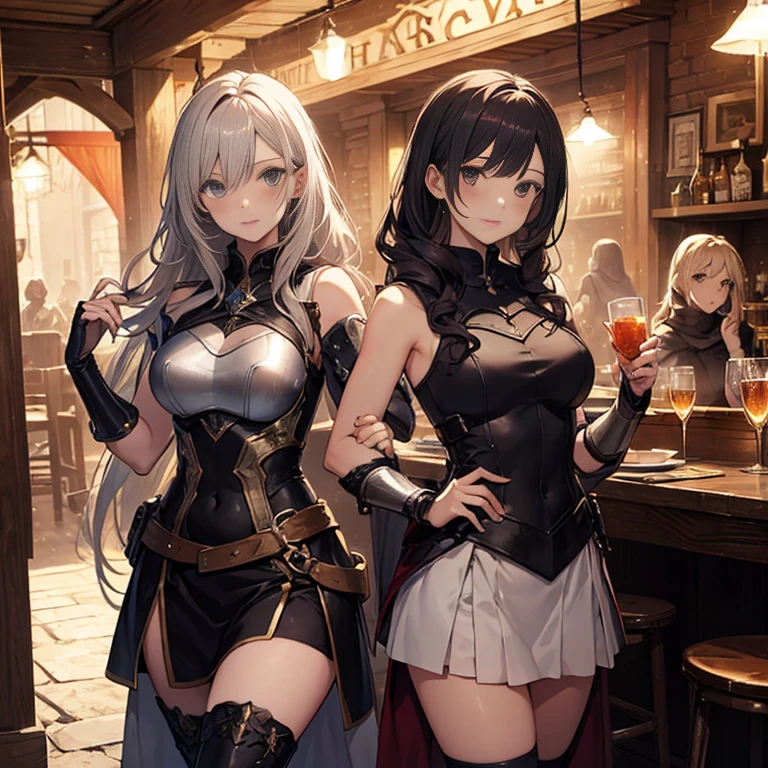 A group of  female medieval fantasy adventurers, (in tavern), various hair styles, harem, night, details face, short skirt, seducing, sleeveless, armor