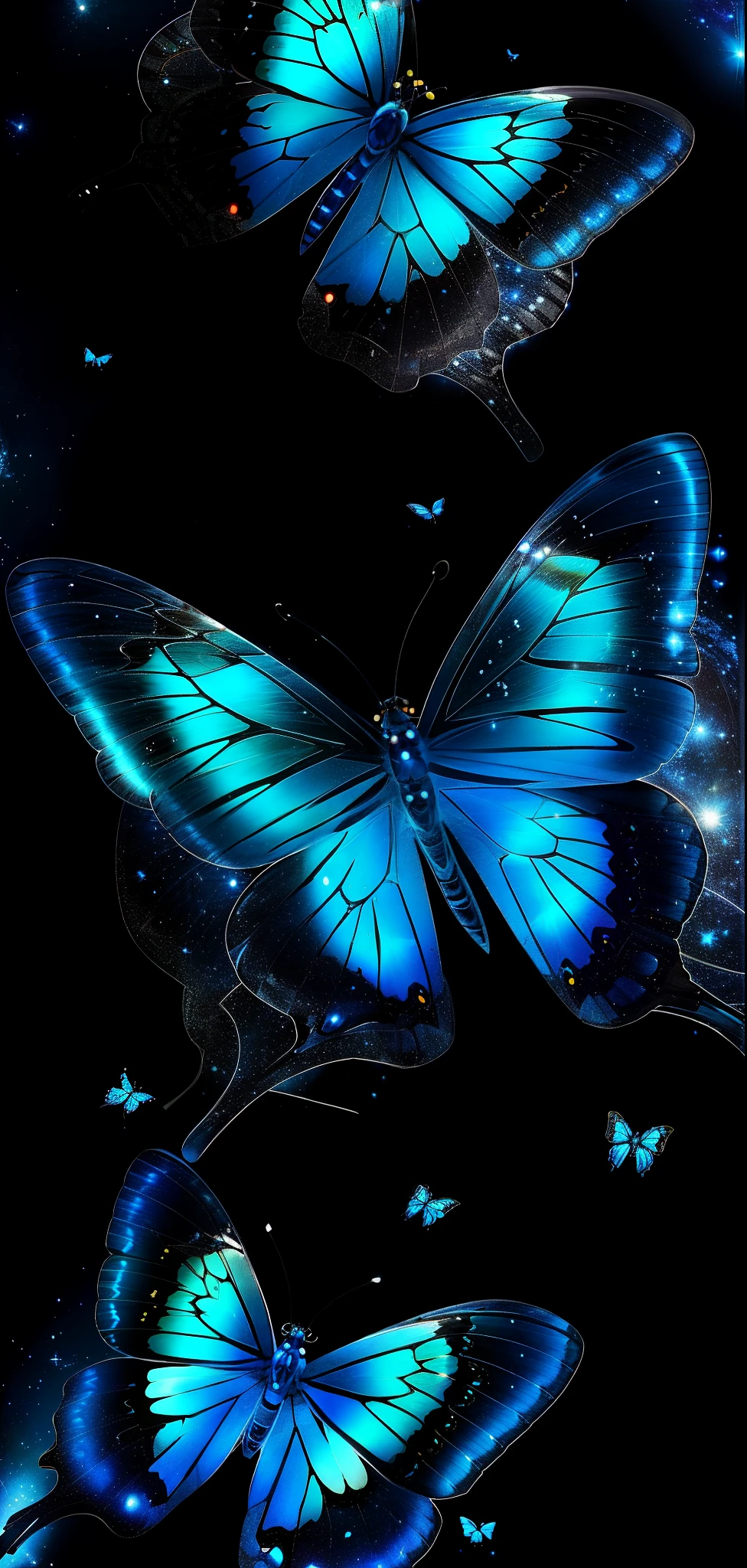 three blue Butterfly with white spots on their wings, glowing blue Butterfly, Butterfly, Butterfly pop art, blue splashes, glowing Butterfly, cosmic Butterfly nebula, harmony of Butterfly, black background, sapphire Butterfly jewellery, Butterfly wings, Butterfly flying, With blue background, Butterfly, With black dark background, Butterfly lighting, beautiful art, The art of math, The art of math