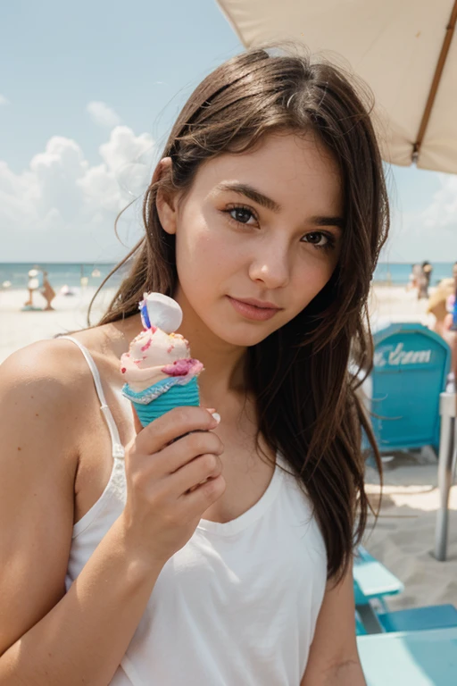 An extremely beautiful woman in a bikini licking an ice cream shaped like a penis