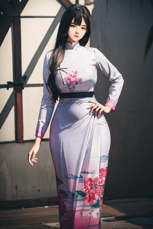 a beautiful girl in vintage colors aodai, masterpiece ,(Dye painting) ( all color dress ) wrapped in a large flower print( flower silk ..... with ) best quality, realistic:1.3, street, cyberpunk, holding bundle of adubon sunlight, backlighting, (well pper Adhere to clear natural light hdr))full budy, big ass (Remove extra limbs, remove accurately) intricate scene, artstation, intricate details, vignettefulbudy(cartoon)