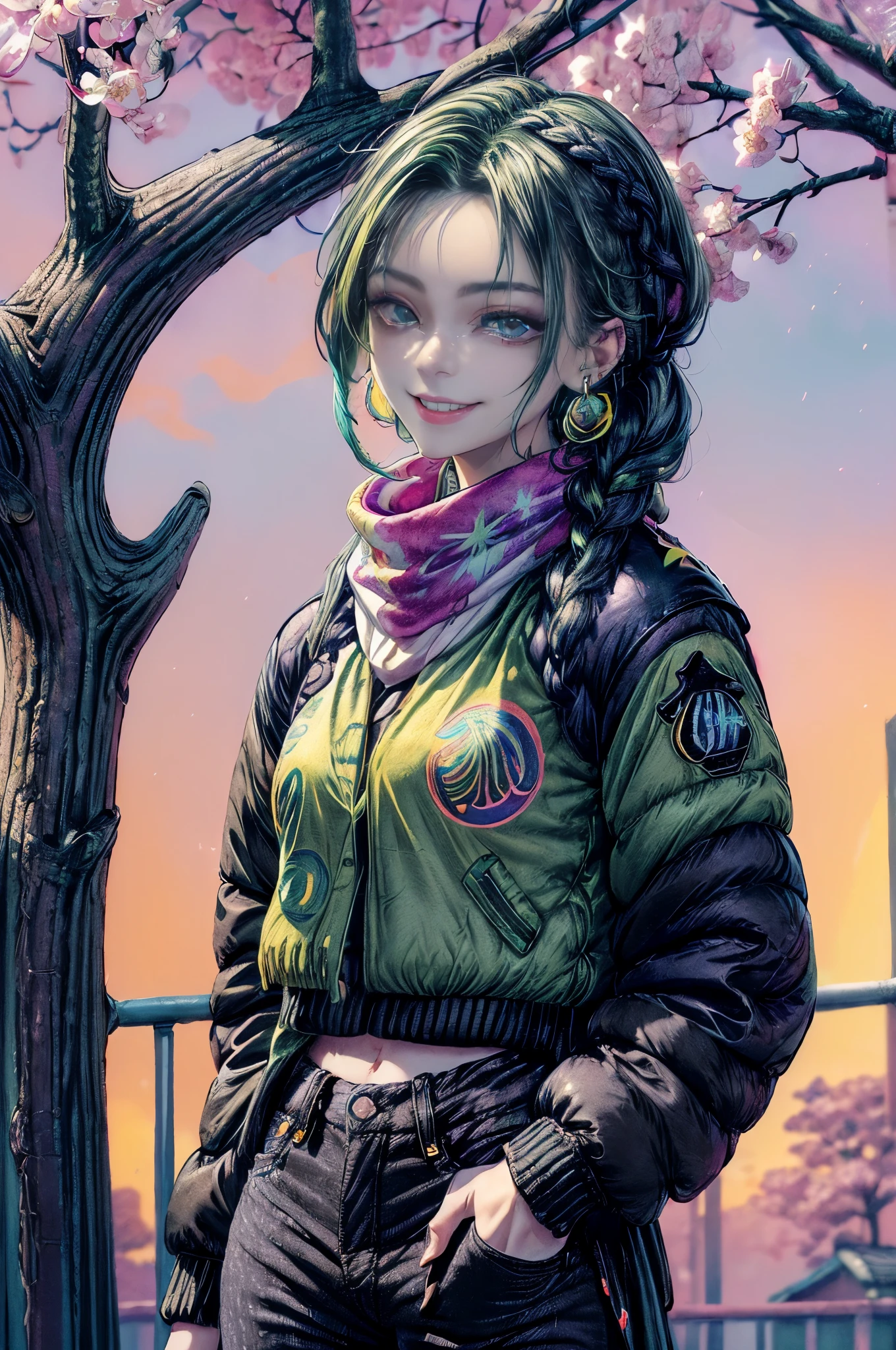 Cinema Lighting、highest quality,Cyberpunk World、1 female、Black Theme、(19-year-old beauty、Small breasts、Slender body、blue eyes)(Black and green hair、Braided Hairstyles、Shoulder-length hair:1.2)(Greet with a smile:1.4)、break.(Moss Green Hair)((rainbow urban chic) theme:1.0), (brightly colored puffer jacket over a rainbow print tee, matched with black jeans and vibrant sneakers:1.4), (complemented with a statement rainbow and colorful stud earrings:1.1),(White scarf:1.4 )break、 stand、Morning cherry blossom viewing、(Under the cherry tree、Park lawn)