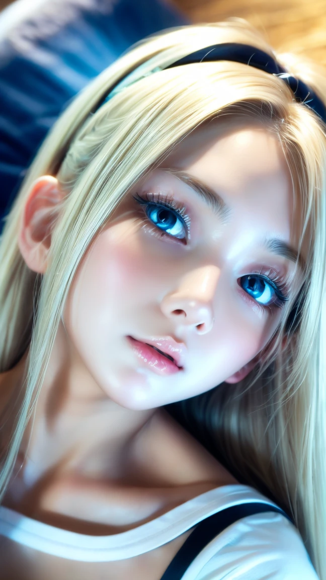 Beautiful and innocent 20 year old blonde girl、Beautiful shining platinum blonde hair、bangs fall on face、((Wearing an open white T-shirt,Dramatic Pose)),sexy look,Super long straight blonde silky hair,Bed Background,Beach Background、RAW Photos, (8k、highest quality、masterpiece:1.2)、(Intricate details:1.4)、(Realistic:1.4)、Octane Rendering、Exquisite 3D rendering for ultra-detailed detail, Studio Soft Light, Rim Light, Sharp details, Super Detail, Realistic skin texture, Cheek gloss、detailed aspects, Very beautiful bright pale blue eyes, Very big eyes、Highly detailed CG Unity 16k wallpaper, Perfect beauty、Round face、Compensate, (Detailed Background:1.2), Shiny skin, whole body、From head to thighs、Cleavage,((sleep with your head up、Top view angle))