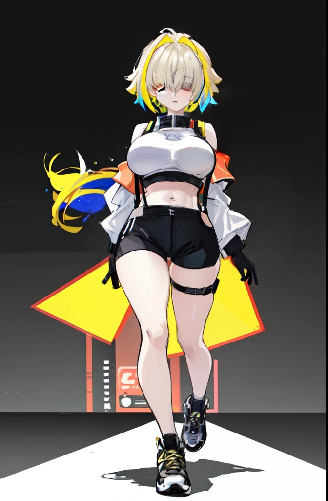 full body, running pose, working out, elegg, short hair, bangs, hair intakes, multicolored hair, hair over eyes, crop top, bare shoulders, long sleeves, suspenders, midriff, navel, short shorts, thigh strap, huge breasts, gloves , Anime, Personagem, female, woman, game character, video game, nikke, goddess of victory: nikke, monocromatic black backgrond