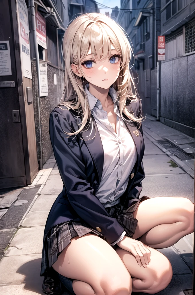 (((night,真night中))),((Dark atmosphere)),((Perfect Anatomy:1.2,Realistic:1.3,Raw photo:1.3,masterpiece、highest quality、Ultra - High resolution、High resolution、Extremely detailed CG、8k)),Cowboy Shot,((attractive way to sit)),((((Crouching pose)))),1 female,alone,17 years old、High school girl beautiful girl,Japanese,((Beautiful and exquisite face and eyes:1.2,Big beautiful eyes:1.3,)),(Brighten your eyes),((Beautiful woman))、Blonde,Long Hair,(Center parted hair:1.4,amount),Medium chest,((slim body)),Small Head:1.3,skinny,(Brown Skin:1.4),(Oily skin,Glowing Skin,Shiny skin,Sweat:1.2),(school uniform、Dark blue blazer jacket、Checkered pleated mini skirt),Dirty back alley、Tokyo、((Turn your body forward))、((((show panty)))),(lonely),((Feeling melancholy))、Stick out your crotch、(Apathy),(Lucky)、((Expressionless))