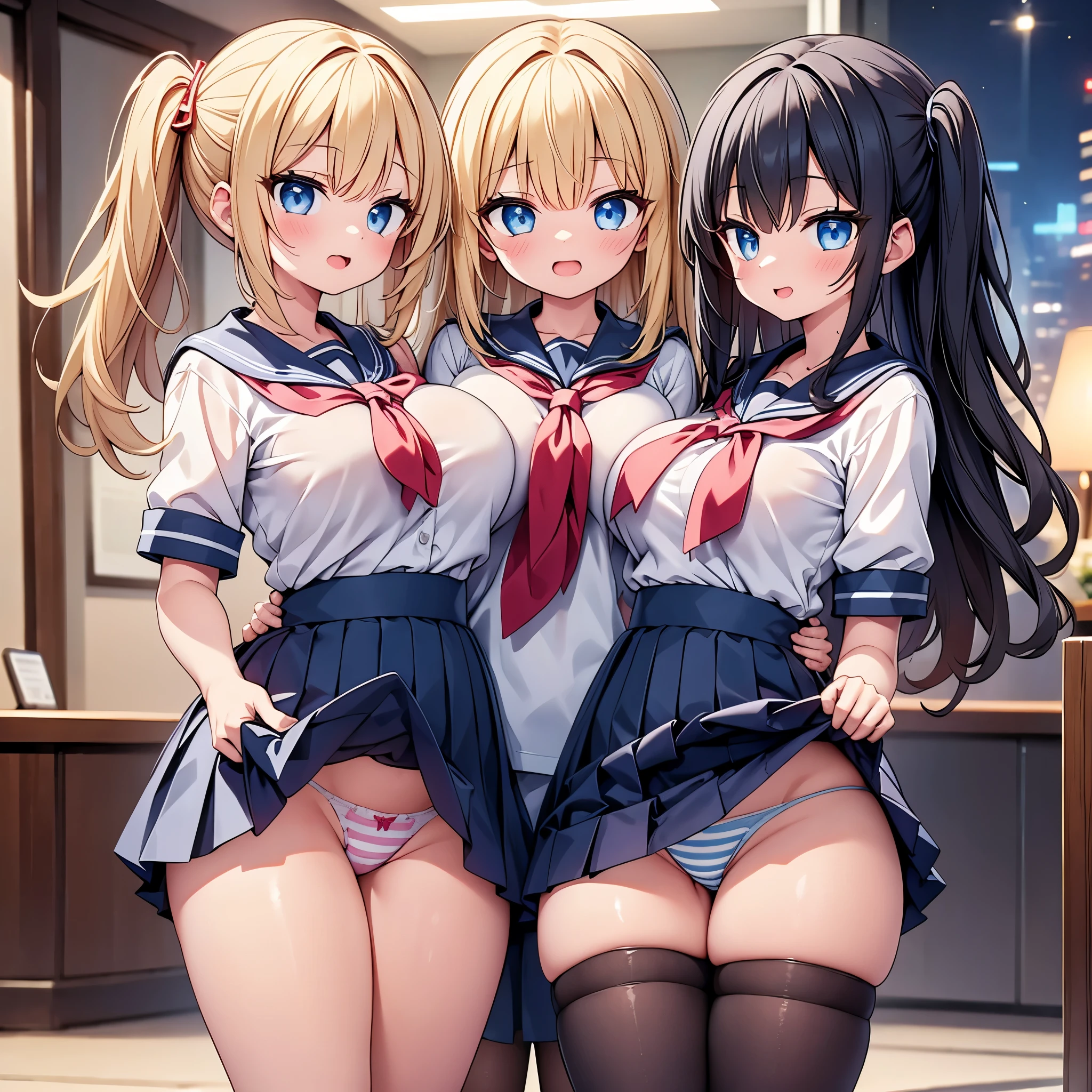 (cute eyes:1.2), (sparkling eyes:1.2),highest quality,wonderful,finely,extremely detailed CG Unity 8K wallpaper, (3 girls, Stand in line:1.2), (sailor uniform, clothed), (huge breasts), (open mouth:1.1), (long tongue:1.1), (mouth drool:1.1), (black stockings:1.1),(Thighs:1.2),(Waistline:1.1),(striped panties:1.1),(shirt lift:1.3), (showing panties:1.3)