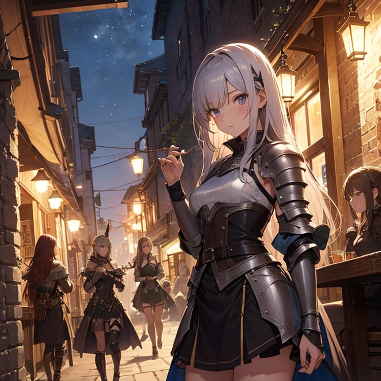 A group of female medieval fantasy adventurers, (in tavern), various hair styles, harem, night, details face, short skirt, seducing, sleeveless, armor