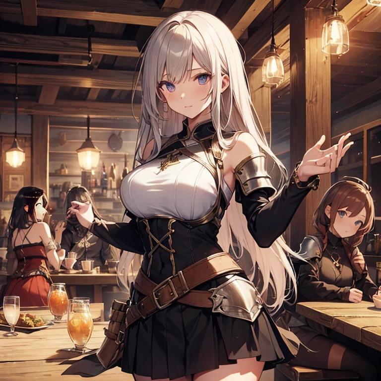 A group of  female medieval fantasy adventurers, (in tavern), various hair styles, harem, night, details face, short skirt, seducing, sleeveless, armor