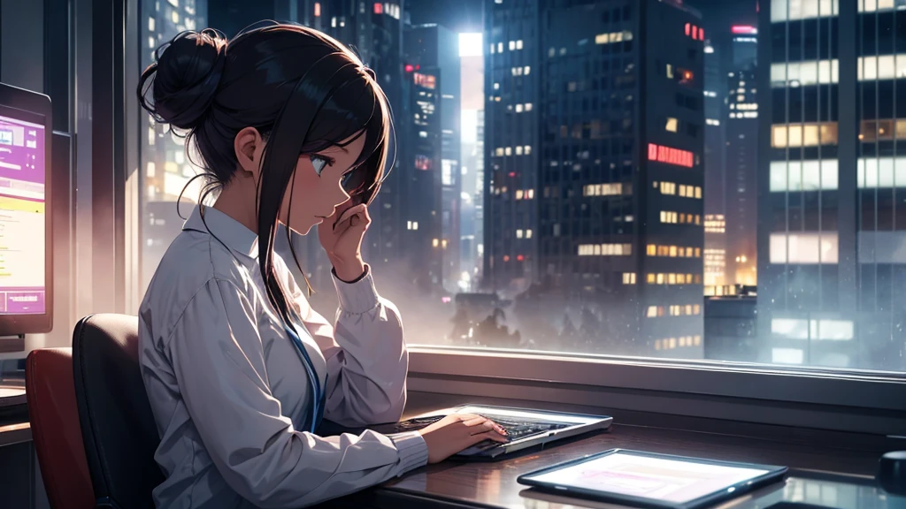 A woman typing on a computer,Bun Hair,Outside the window are the lights of the buildings,