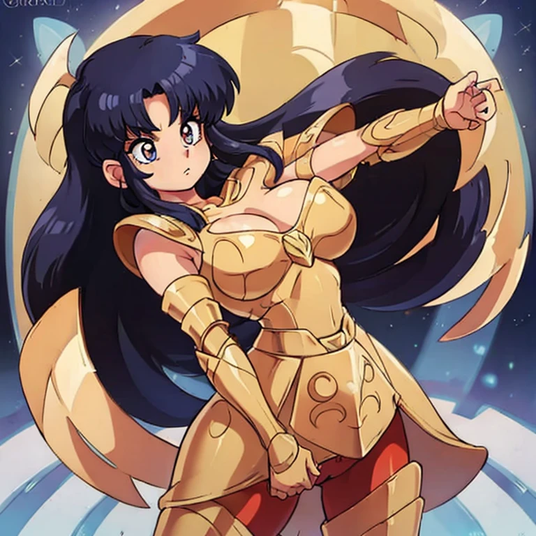 Akane tendo, cabello azul, Cabello corto, ojos azules, ojos detallados, cara de placer, muslos, pechos grandes, cuerpo completo, pose vulgar, vulgar, pechos vulgares, escote muy grande, senos grandes, armadura dorada, Saint Seiya Zodiac, Zodiac Sagittarius gold Armor, armadura brillante, sexy Armor, pose sexy Cleavage Bulge, bursting Breasts, Spilling Out, pose sexy 