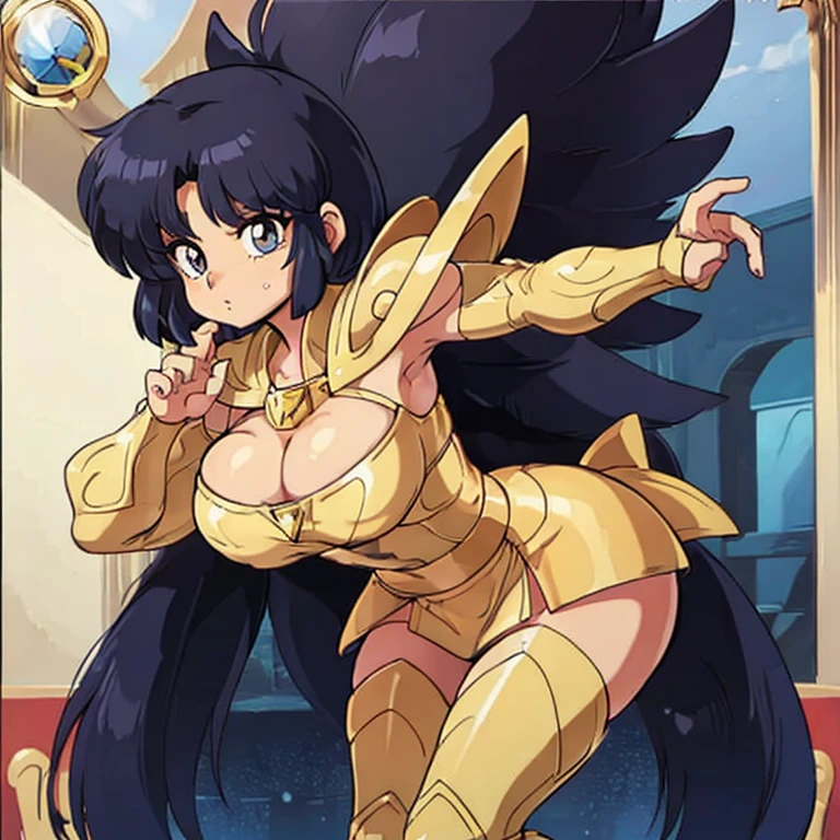 Akane tendo, cabello azul, Cabello corto, ojos azules, ojos detallados, cara de placer, muslos, pechos grandes, cuerpo completo, pose vulgar, vulgar, pechos vulgares, escote muy grande, senos grandes, armadura dorada, Saint Seiya Zodiac, Zodiac Sagittarius gold Armor, armadura brillante, sexy Armor, pose sexy Cleavage Bulge, bursting Breasts, Spilling Out, pose sexy 