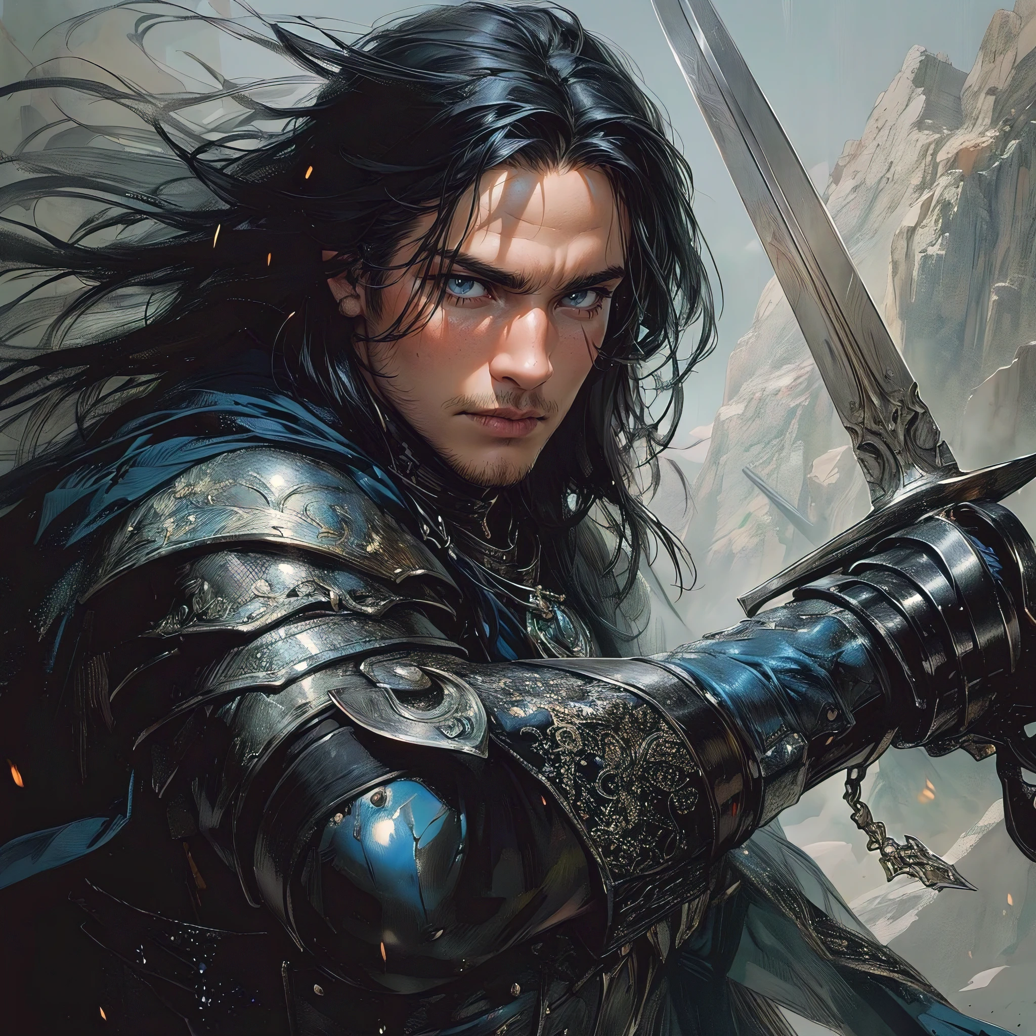 (best quality, masterpiece, photorealistic:1.2), The knight Aosoth, handsome with long black hair and blue eyes, poised to attack with his longsword
