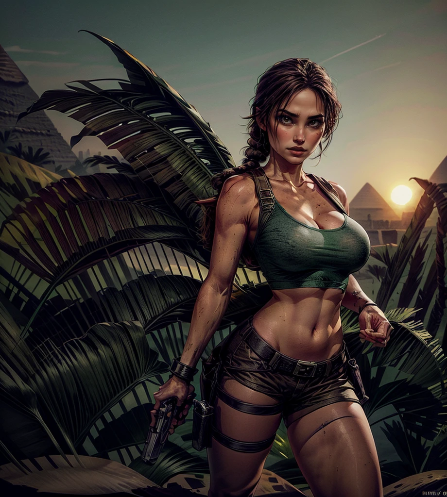  Tomb Raider epic scene Realistic masterpiece, ultra high quality image showing a(( beautiful and sexy Lara Croft)) , full body shot ,  wearing a white crop top with a really revealing neckline and green kaki mini short, perfect fit body with a small waist, round butt((( huge natural breast popping in her tight cropped white top , she wear a very small green kaki mini short and one holster gun strapped on her leg ,))) perfect skin texture, shown to have a fairly slender figure. She has brown hair , she has long hair with a pony tail and large pale green eyes, (((standing in the Egyptian desert with the sphinx away in the background, in a epic Egyptian desert scene, she standing in a sexy and appealing pose))) , during a hot sunny day,  the sky is full of bright colors , her perfect skin reflecting the light of the bright sun. Amazing Egyptian  scene in the background, The gorgeous shinning sun in vivid blue sky adds a magical atmosphere to the photo . The seductive expression on the girl's face and her playful eyes contemplate at the viewer add an element of hotness and erotic to the picture. While the splendor of the desertic landscape in the style of a tomb raider epic scene reflect the girl's exploration and adventurous spirit., huge cleavage exposed, huge natural breasts, superior quality, many details, Puri focus Sharp and realistic , perfect hands, detailed hands, perfect eyes, detailed eyes, realistic, HDR, UHD, dynamic