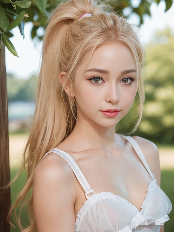 RAW photos, ((((Portrait of extreme beauty))), (((Radiant white beautiful skin)), 1 girl, 14-year-old pretty beautiful girl, ((blonde of bright various colors with glossy)), disheveled hair, hair hanging in front of the face and clinging, [Attractive whitish blue eyes], silky fine hair, ponytail, eyeliner, bangs, hair between the eyes, fluttering hair, a little smile, ((masterpiece, top quality, Ultra detail, film light, complex detail, high resolution, 8k, very detail)), detailed background, 8k uhd, dslr, soft light, high quality, film grain, fujifilm XT3, shallow depth of field, natural light, (perfect hands), sexy and perfect beautiful face, small breasts, , sheer sailor suit