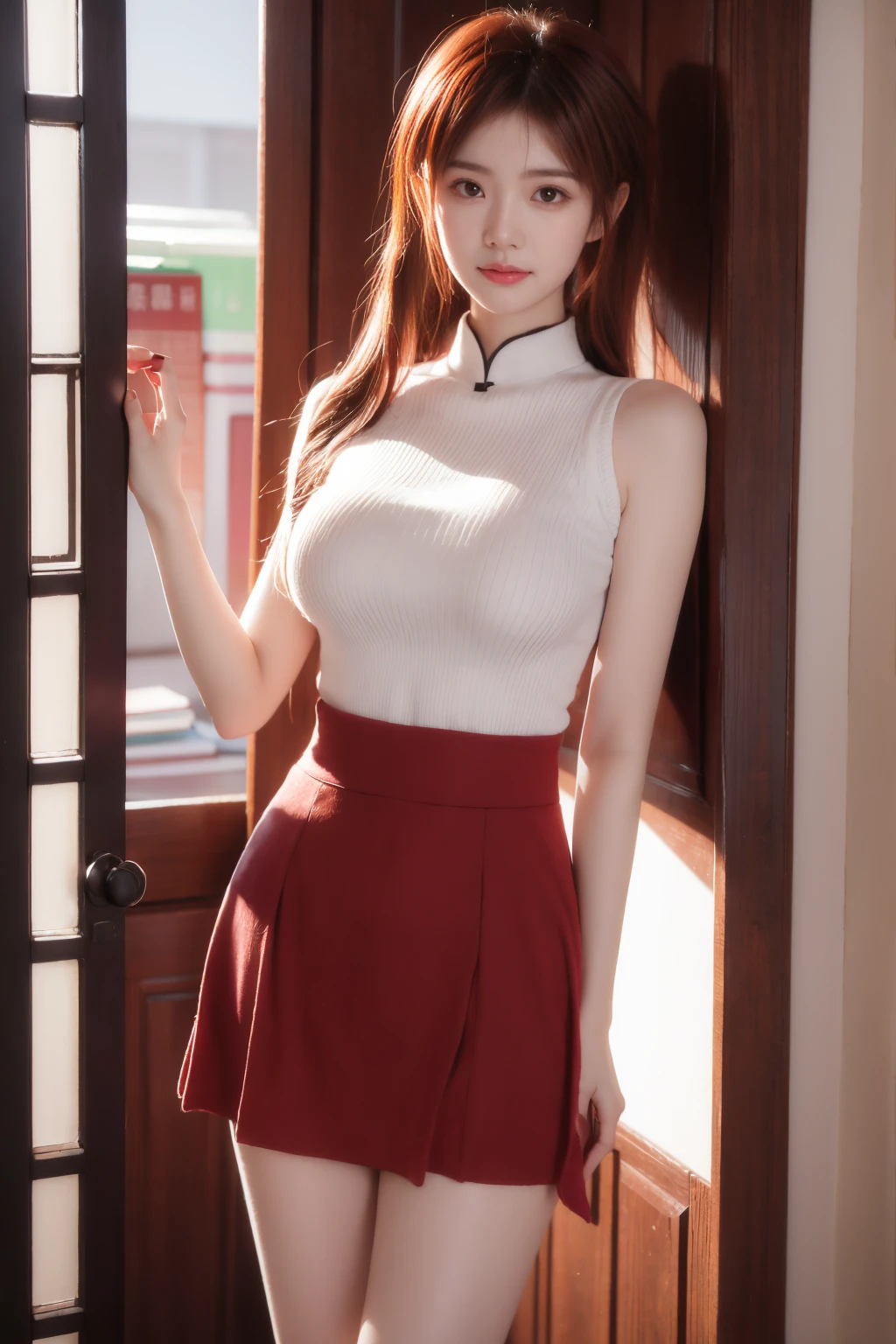 Portrait of a beautiful 18 year old girl, Red hair, Gorgeous Chinese, Wearing cotton, at the door, (Dark private office, Dark melancholy light: 1.2)