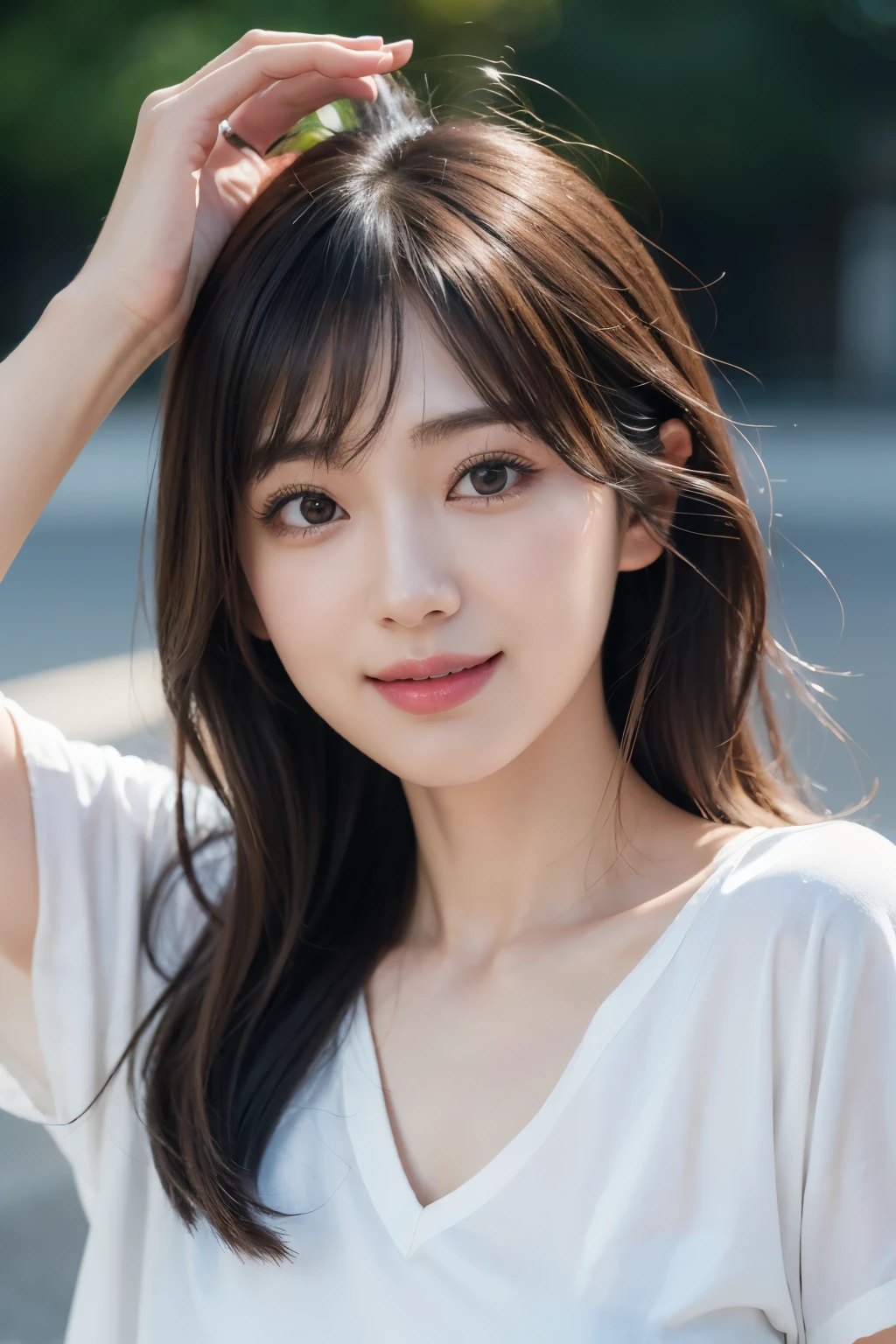 {Shiraishi Mai} A young adult Japanese woman who possesses a flawless appearance, characterized by her black wolf-haircut, wide face, monolid light brown eyes, thin lips, dimples, straight nose, large eyelashes, and smiling expression. She is attired in a white shirt and jeans that have been torn, the University of Tokyo in background, Candid photographs, luminism, three-dimensional effect, octane render, Isometric, awesome full color, {{ultra detailed face}}, {{rule of third}}, 8k resolution, close up