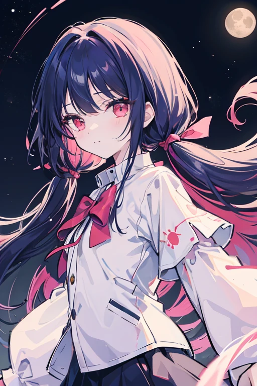 anime, anime style,One girl, masterpiece, Young girl, high quality, (dark blue hair), (Straight hair), (Twin tails), (I have long hair, Red eyes, ((Detail Face)), At night, Night Sky, with the moon, full moon, With the Stars, dark, A small smile, Pink Parker, White Hole