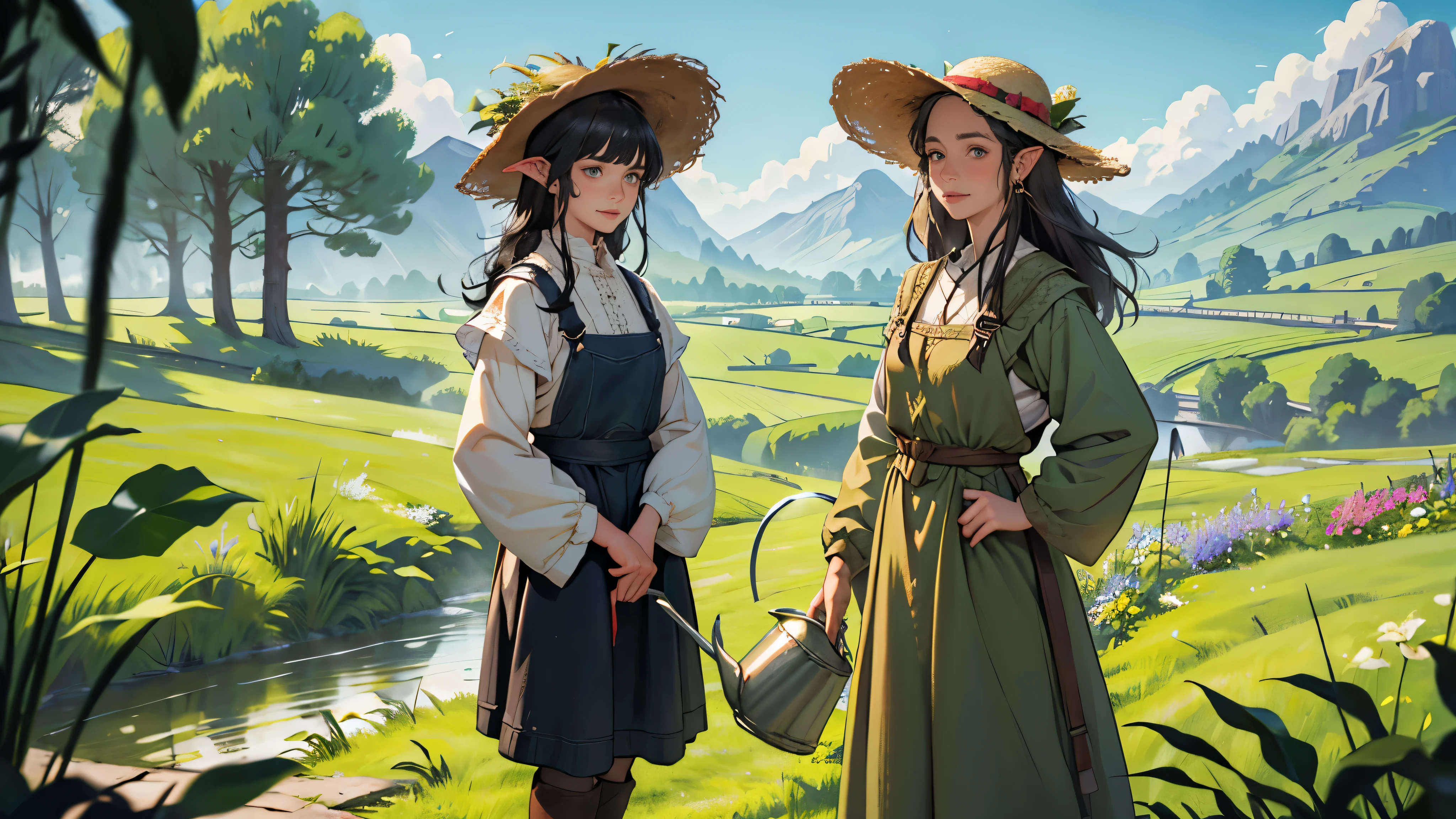 masterpiece, super detailed, 8K portrait, RAW photo, female portrait photography, whole body, highly detailed face, ((fantasy)), (hobbit:1.5), 22 years ago, (((farmer))), laugh heartily, ((facial wrinkles)), (((Are standing))) with my hands on my hips, (((straw hat))), (((black hair curtain bangs))), Long Sleeve Cotton Clothing, overalls, (((Have a watering can))), midday sun, surreal, long legs,on a medieval farm, environmental lighting, shadow details, focus the camera on the face, light fog