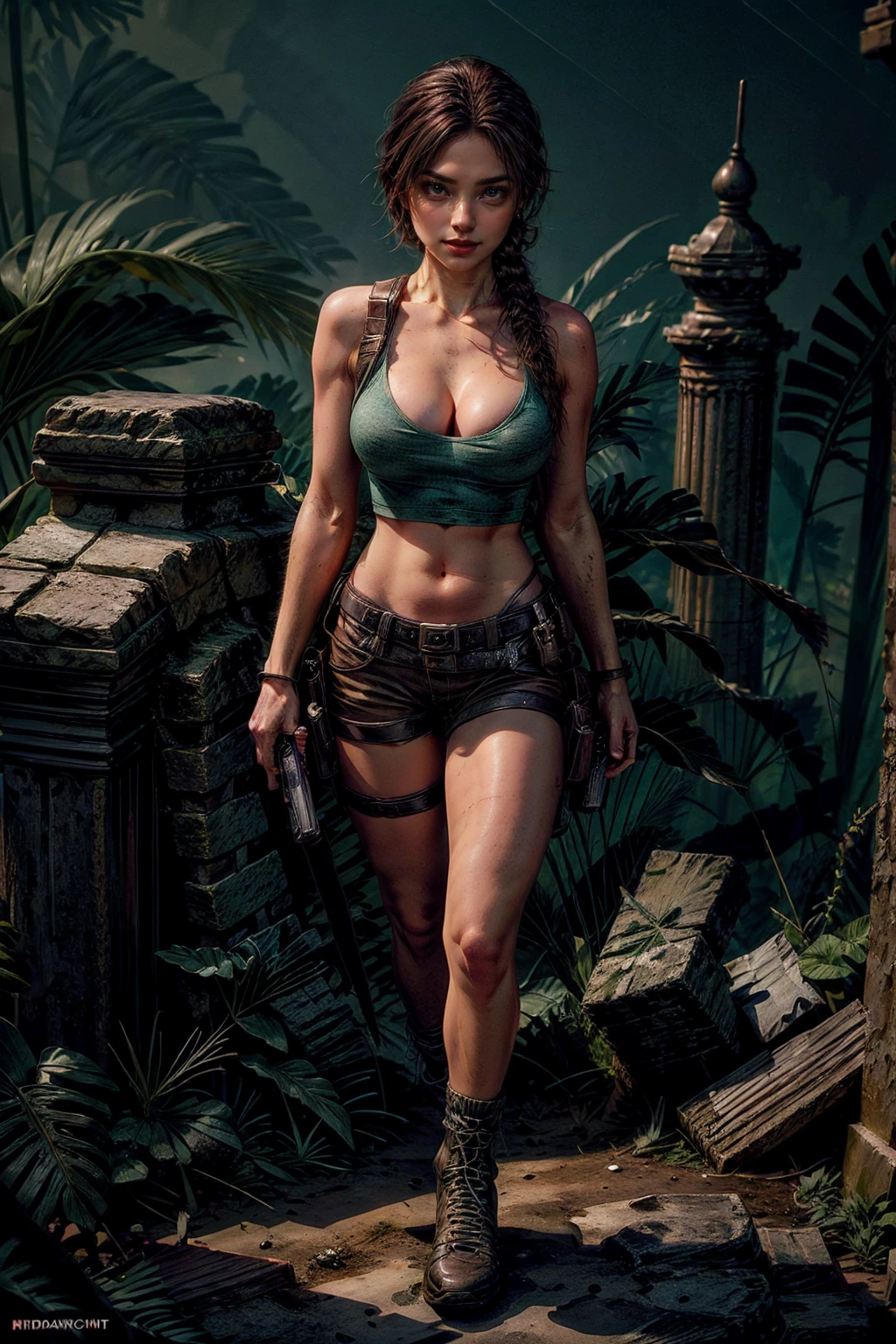  Tomb Raider epic scene Realistic masterpiece, vivid colors, 8k , HDR+ultra high quality image showing a beautiful and sexy Lara Croft , perfect fit body with huge natural breast popping in tight black cropped top , huge revealing neckline, she wear a small green kaki mini short and one holster gun strapped on her leg , perfect skin texture, shown to have a fairly slender figure. She has brown hair , she has long hair with a pony tail and large seductive green eyes, an old Aztec temple ruins far away in the background, in a epic Tomb Raider scene, ((full body shot viewed from above))standing in a natural and sexy pose , when the sky is full of bright colors, reflecting the light of the shinny sun on her perfect skin. Amazing mayans ruins scene in the background, The gorgeous sunset adds a magical atmosphere to the photo, and highlights the beauty of the moment  . The seductive expression on the girl's face and her playful contemplate at the viewer add an element of hotness and erotic tension to the picture. While the splendor of the  landscape in the style of a tomb raider epic scene reflect the girl's exploration and adventurous spirit., huge cleavage exposed, big breasts, superior quality, many details, Puri focus Sharp and realistic , black cropped top and a small mini green short , perfect hands, detailed hands, perfect eyes, detailed eyes, realistic, HDR, UHD, dynamic