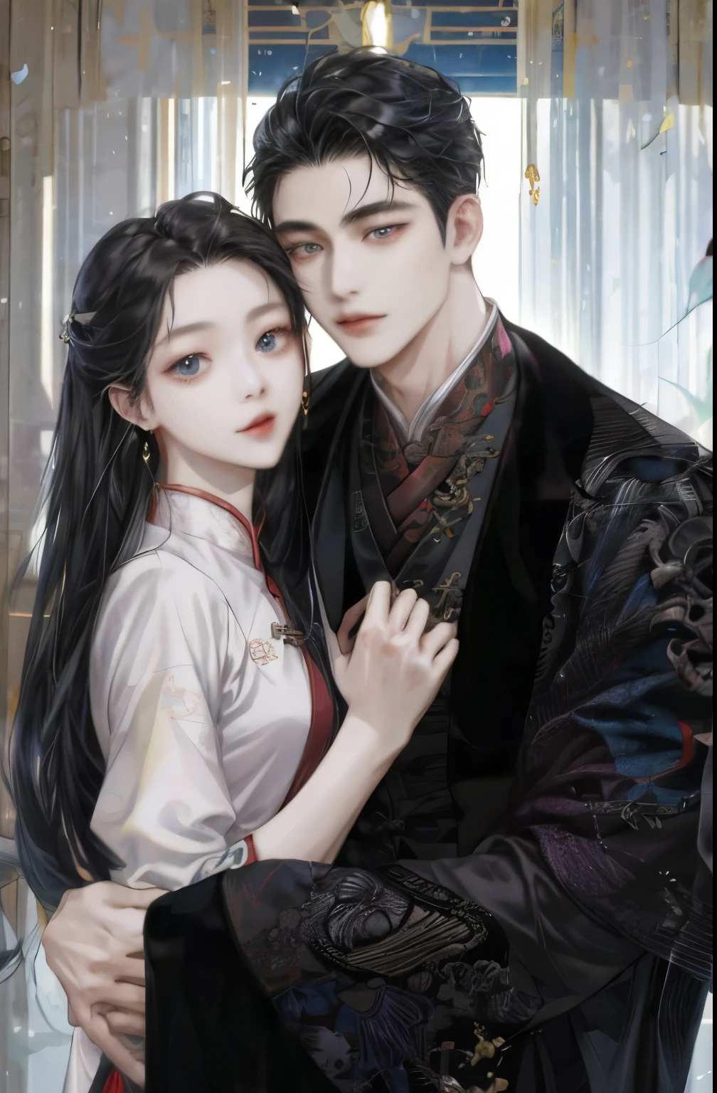 ภาพอาราฟของคู่รักinชุดกิโมโน, Inspiration from Zhang Han, in the art style of boinater, High quality fan art, By Yang J, cute couple, Official fan art, inspired by Huang Gonginang, Inspiration from Guan Tao Sheng, inearing a black noble suit, artinork in the style of z.in. to