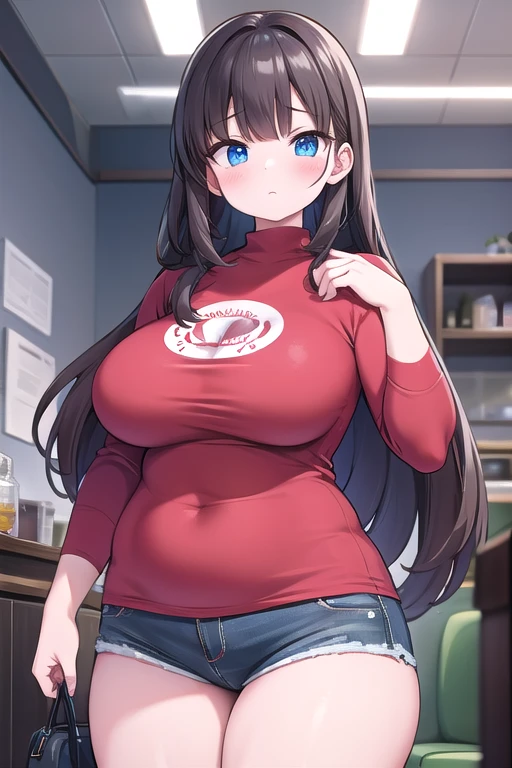 ((best quality)), ((masterpiece)), (Perfectly detailed), (Solo), (Perfect Lighting),  A Cute Girl, (Long Brunette hair), Beautiful Blue eyes, who was hit with a Thickening Ray, and now has constantly growing ((Overwhelmingly Gargantuan Breasts and Thighs)), but now she’s to ridiculously Thick to fit in her clothes, and now they are starting to tear apart with how big her breasts and thighs are, because she’s still getting bigger. Red shirt, Dark-Blue Jeans, with a scared expression from what’s happening to her, science laboratory in the background. (The Curviest, Widest, and Bustiest ULTRA-MILF in the entire universe).