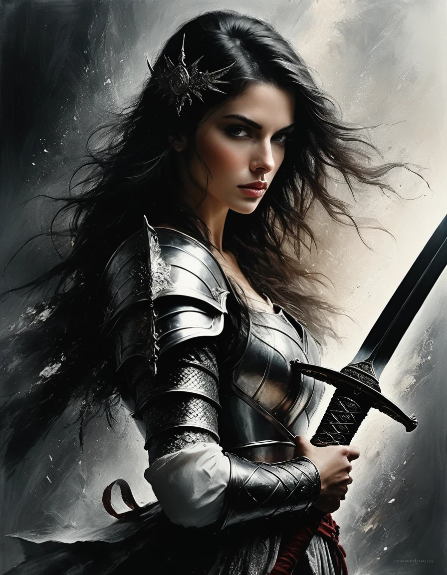 in style of Lillian Bassman,(Beautiful female warrior holding a huge sword),(best quality,4k,8k,highres,masterpiece:1.2),ultra-detailed,(realistic,photorealistic,photo-realistic:1.37),in style of Scarlett Hooft Graafland,side view,Sword Warrior,ink art,warrior,graceful pose,dramatic lighting,black and white,contrast,highly detailed ink lines,delicate ink texture,subtle ink shading,ethereal atmosphere,unique composition,artistically crafted background,elegant figure,fierce expression,flowing hair,sharp facial features,emotive eyes,majestic presence,ceremonial armor,sword held with precision,strikingly decorative elements,enchanting aura,intense gaze,showcasing strength and vulnerability,sublime and captivating artistry