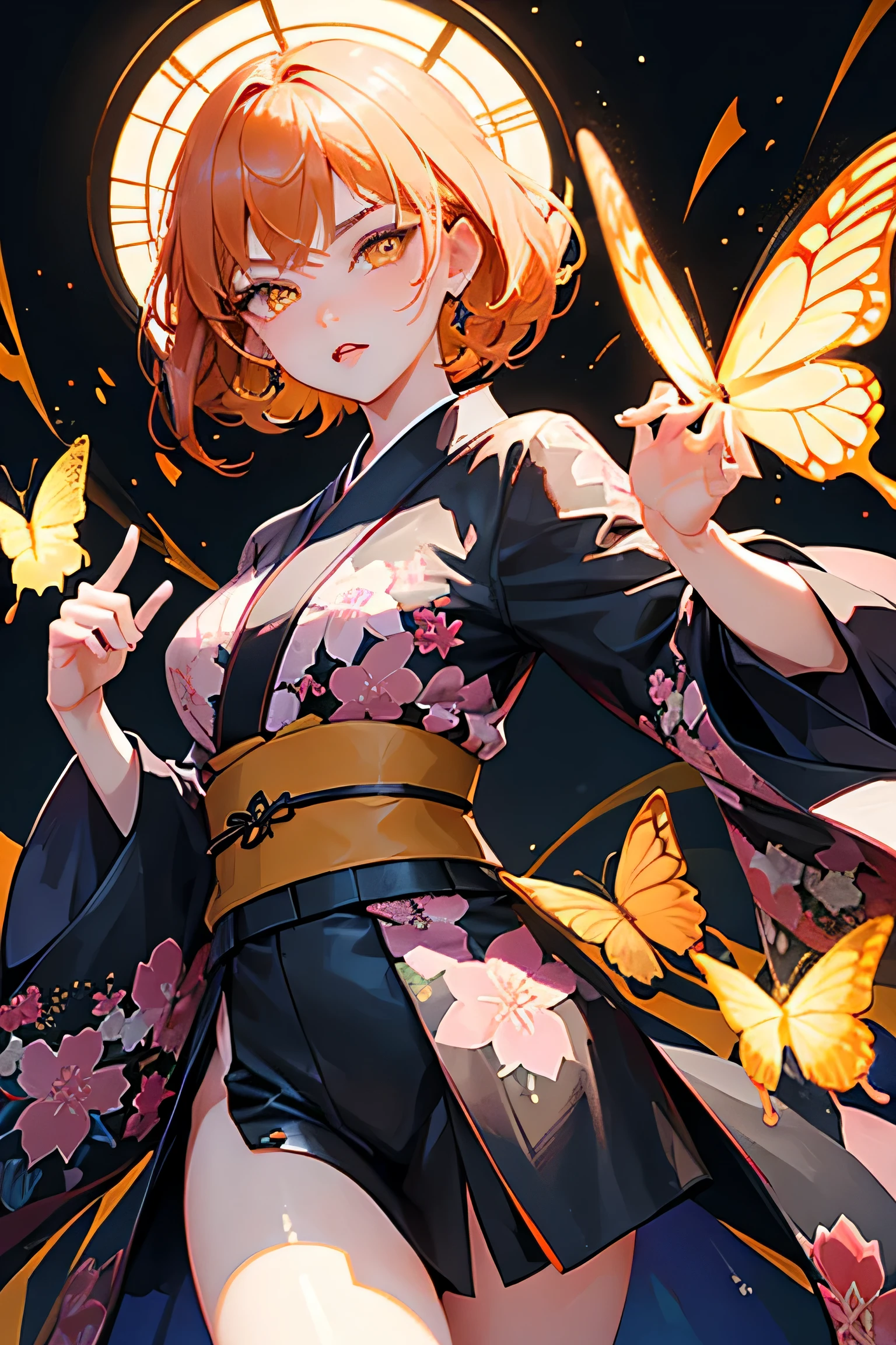 A cool adult woman wearing a kimono with a butterfly pattern on a black background、1 person、Horror、Orange brown short hair、Yellow Eyes、Gloss、Fight、Lively、Urban background、Glance、Bold Pose、Hands open、beauty、Superb、cool、Sidelong glance