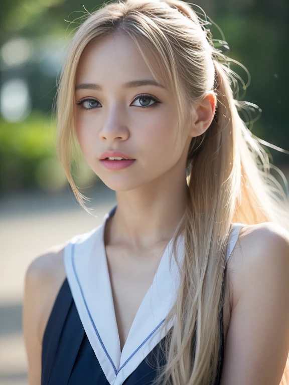 RAW photos, ((((Portrait of extreme beauty))), (((Radiant white beautiful skin)), 1 girl, -yeld pry beautiful girl, ((blonde of bright various colors with glossy)), disheveled hair, hair hanging in front of the face and clinging, [Attractive whitish blue eyes], silky fine hair, ponytail, eyeliner, bangs, hair between the eyes, fluttering hair, a little smile, ((masterpiece, top quality, Ultra detail, film light, complex detail, high resolution, 8k, very detail)), detailed background, 8k uhd, dslr, soft light, high quality, film grain, fujifilm XT3, shallow depth of field, natural light, (perfect hands), sexy and perfect beautiful face, small breasts, , sheer sailor suit