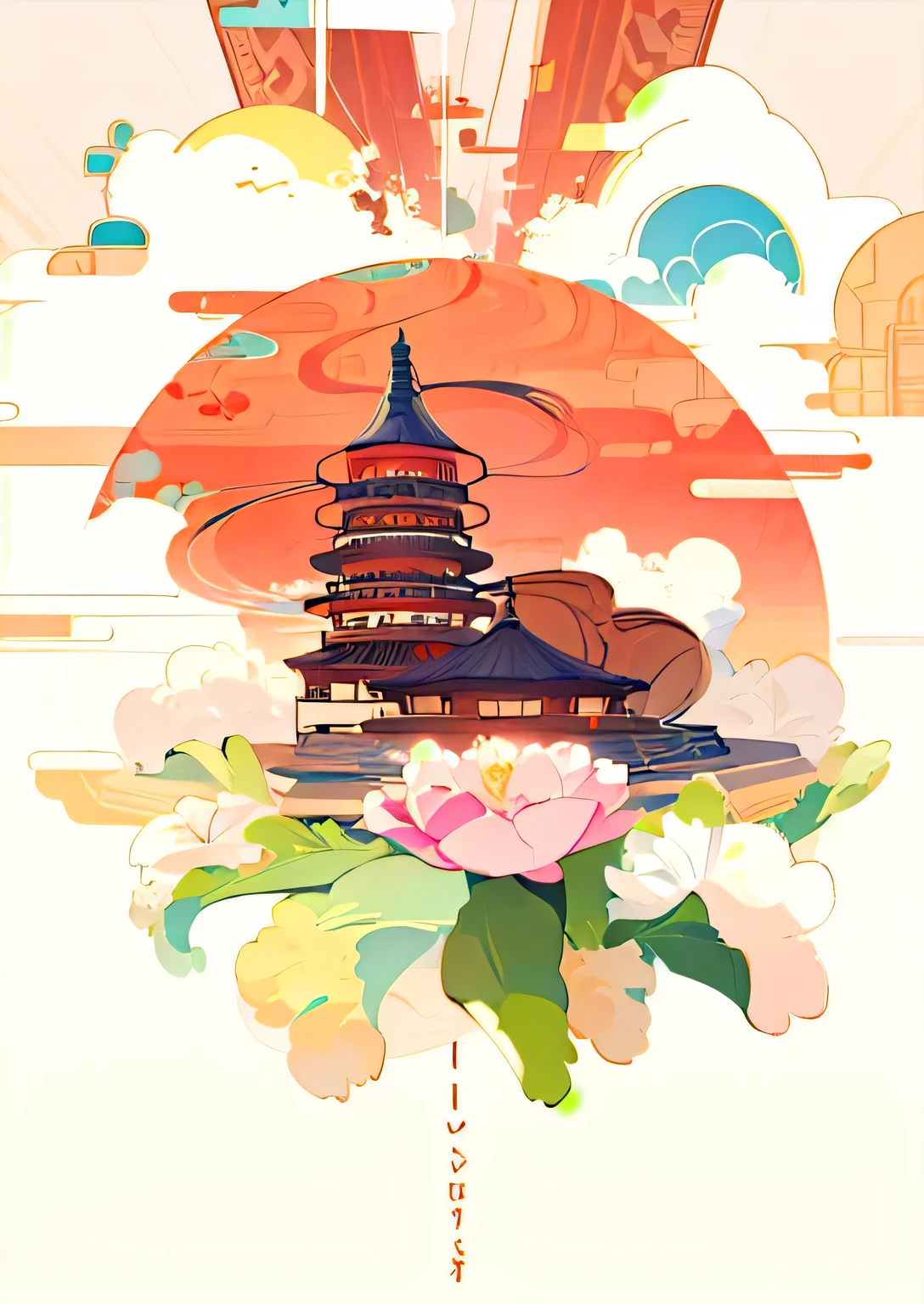 Blooming red peony flowers，Colorful architecture，Auspicious clouds as decoration， HD, Chinese style，Chinese watercolor