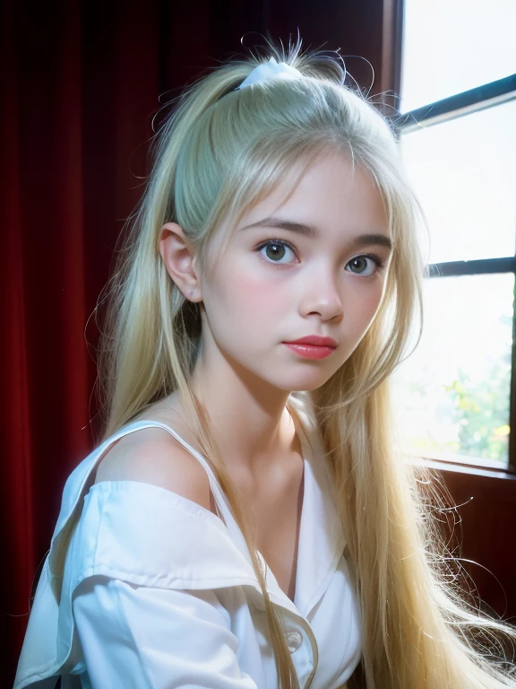 RAW photos, ((((Portrait of extreme beauty))), (((Radiant white beautiful skin)), 1 girl, -yeld pry beautiful girl, ((blonde of bright various colors with glossy)), disheveled hair, hair hanging in front of the face and clinging, [Attractive whitish blue eyes], silky fine hair, ponytail, eyeliner, bangs, hair between the eyes, fluttering hair, a little smile, ((masterpiece, top quality, Ultra detail, film light, complex detail, high resolution, 8k, very detail)), detailed background, 8k uhd, dslr, soft light, high quality, film grain, fujifilm XT3, shallow depth of field, natural light, (perfect hands), sexy and perfect beautiful face, small breasts, , sheer sailor suit