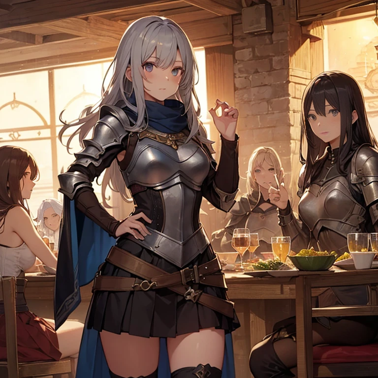 A group of female medieval fantasy adventurers, (in tavern), various hair styles, harem, night, details face, short skirt, seducing, sleeveless, armor