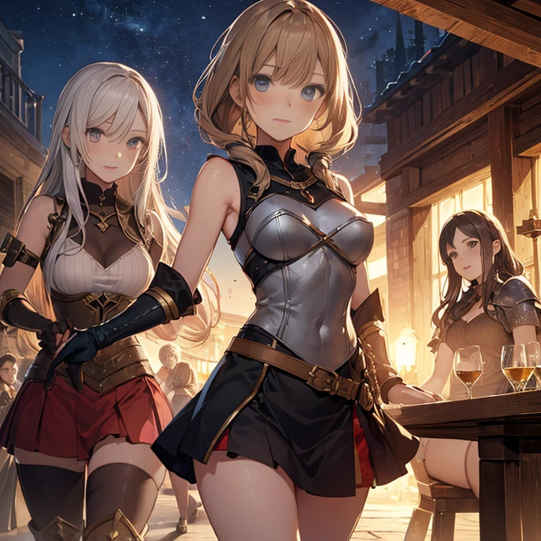 A group of  female medieval fantasy adventurers, (in tavern), various hair styles, harem, night, details face, short skirt, seducing, sleeveless, armor