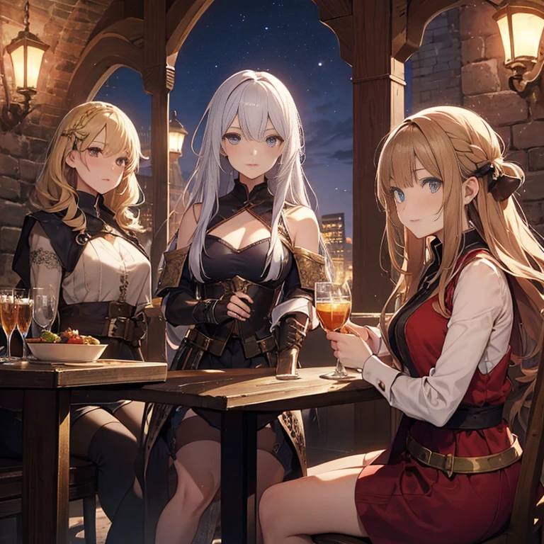 A group of  female medieval fantasy adventurers, (in tavern), various hair styles, harem, night, details face, short skirt, seducing, sleeveless, armor