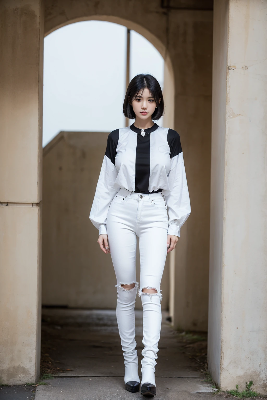 (((full body, standing, wearing white blouse, wearing (black) tight jeans, black boots))), ((facing viewer, facing directly in front of the camera)), japanese lady, huge breast, tall body, slim and fit body,  pale skin, short hair, ((standing)), high quality:1.3, Professional lighting:2.0 realistic:1.2, 4k resolution, detailed skin, masterpiece:1.1, centered image