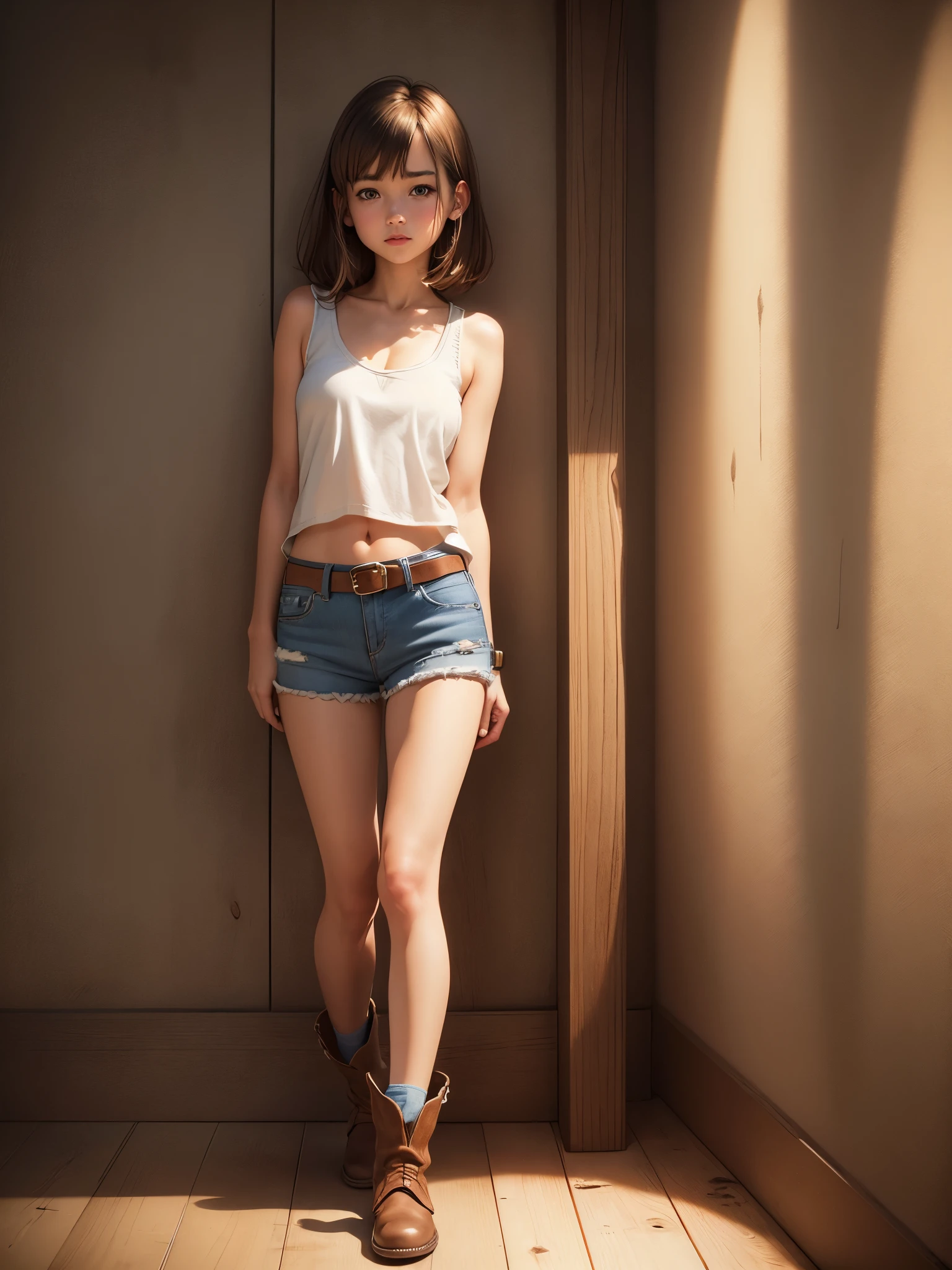 one person,(highest quality, Very detailed, Photorealistic:1.2,((Above the knee shot)),(Standing and leaning against a wall),(((Being drunk))),((Small eyes)),(((1 cute and sexy ager))), brown hair,Short Hair,Small breasts, ((White sleeveless shirt))blue((Short denim hot pants)), Belted,Exposed upper arms,exposing the navel,((Silver watch)), Brown leather western short boots,Moderate:Pencil sketch, Grainy, Vibrant colors, Dim lighting, Night indoor scene, Warm Tones,Wooden wall