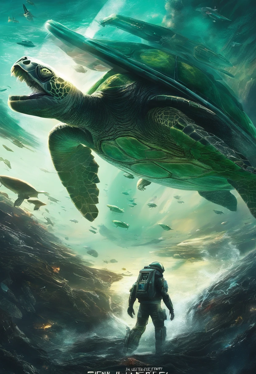 deep sea、Giant green turtle、Roar、rough sea、battle